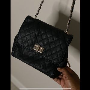 Black leather mid size crossbody with gold chain